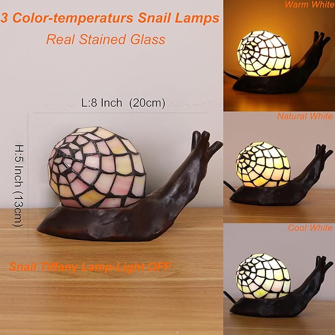 Tiffany Style Pink Snail Accent Table Lamp Handmade Stained Glass Shade Night Light for Kids with 3 Color Temperatures LED Bulb - Ideal Gift for Home Decor(8" D x 5." W x 5." H)