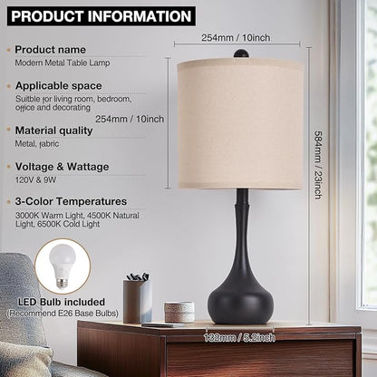 23" Modern Farmhouse Table Lamp Set of 2, Rustic Metal Bedside Lamps for Bedroom, Living Room, Office, Dorm - 3-Way Color Changing, Bulb Included, Home Decor