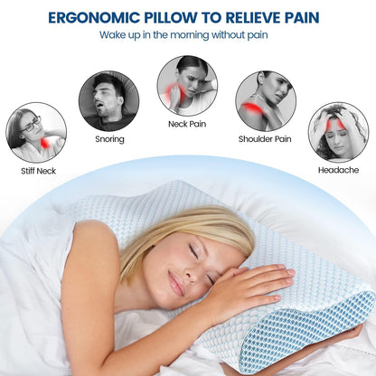 Memory Foam Pillows Neck Pillow Bed Pillow for Sleeping, Ergonomic Cervical Pillow for Neck and Shoulder Pain Relief,Orthopedic Contour Pillow for Side Back Stomach Sleeper(Blue&Grey)