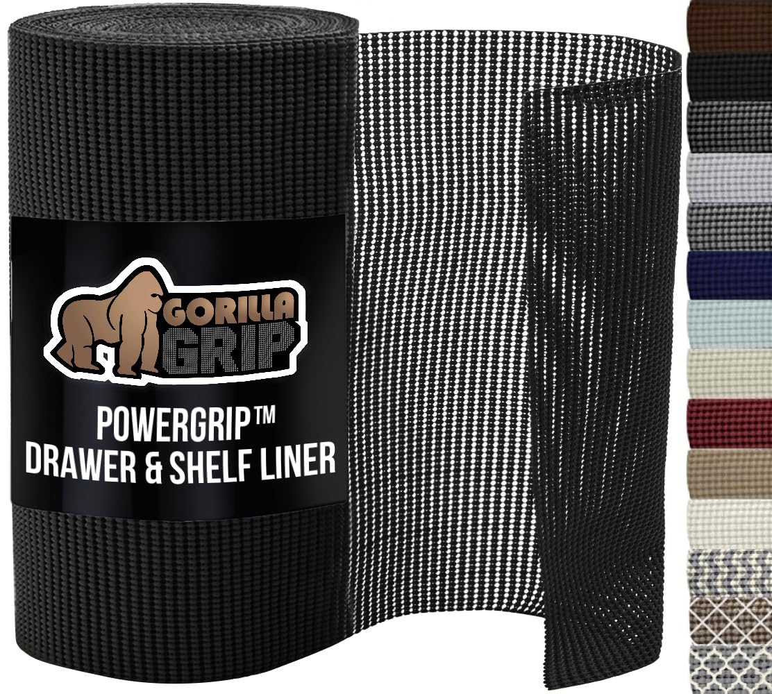GORILLA GRIP powerGRIP Drawer Shelf and Cabinet Liner, Thick Strong Hold, Non-Adhesive Liners Protect Kitchen Cabinets and Cupboard, Bathroom Drawers, Easy Install, Breathable Mat, 12" x10', Beige