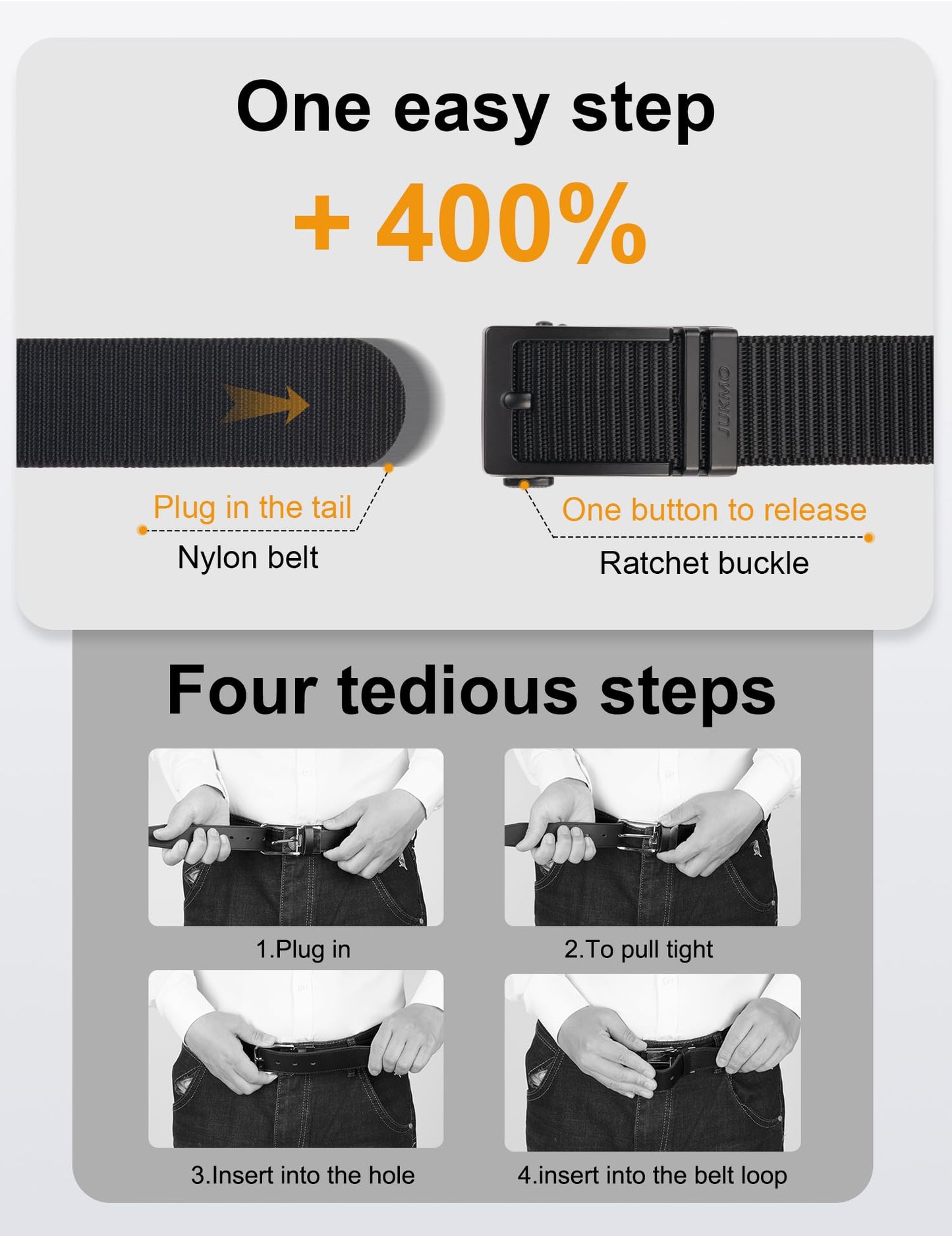 JUKMO Ratchet Belt for Men, Nylon Web Tactical Belt with Automatic Slide Buckle (Black, Medium)