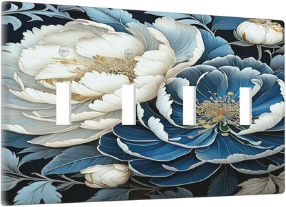 White Blue Flower Peonies Light Switch Covers Quad Toggle 4 Gang Wall Plate Decorative Switchplate Electrical Faceplate for Farmhouse Bathroom Living Decor