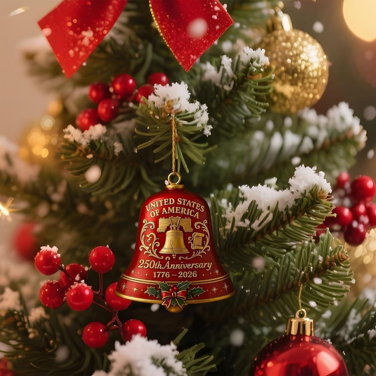 4pc 250th Anniversary USA Bell Ornament for 4th of July Decorations, 2D Acrylic 250 Anniversary Merchandise, America 250th Birthday Gifts, 250th Patriotic Decorations for Holiday Ornament Gift Bulk