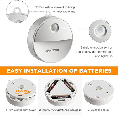 EverBrite LED Motion Sensor Night Light, Automated On & Off, Cool White Motion Activated LED Night Light for Kitchen, Bathroom, Stairs, Bedroom - with 18 AAA Batteries, 6-Pack