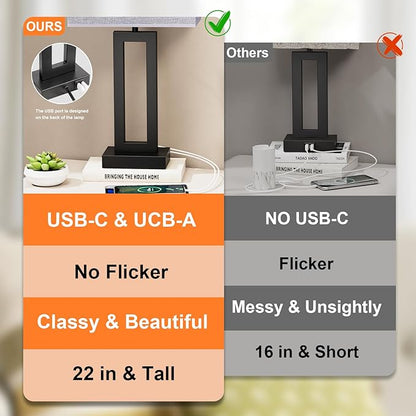 22" Tall Modern Living Room Lamps - Touch Bedside Lamps with USB C+A, 3 Way Dimmable for End Tables - Set of 2 (Grey & Black)