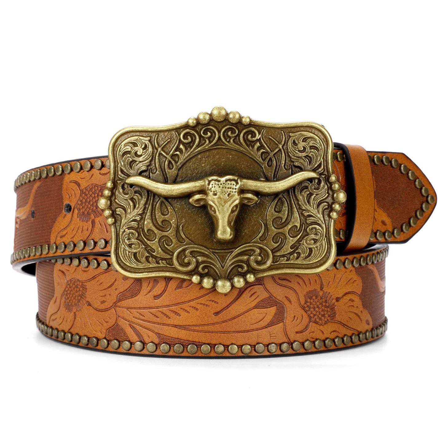 SUOSDEY Women Western Leather Belt, Cowboy Cowgirl Belt for Jeans Pants Longhorn Bull Big Buckle Belt brown