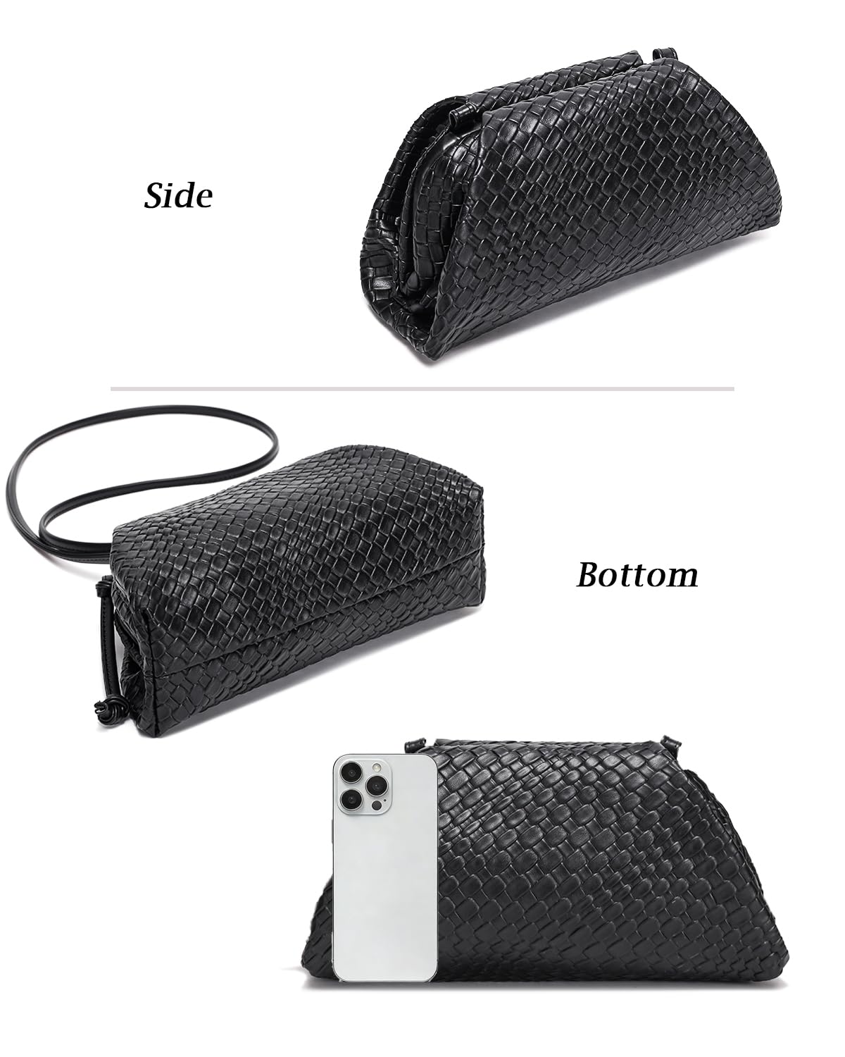 SUANNI Black Woven Vegan Leather Evening Bag, Dumpling Clutch Purse for Women, Shoulder Crossbody Bags with Adjustable & Detachable Strap, Clasp Closure Handbag for Party Wedding Weekends