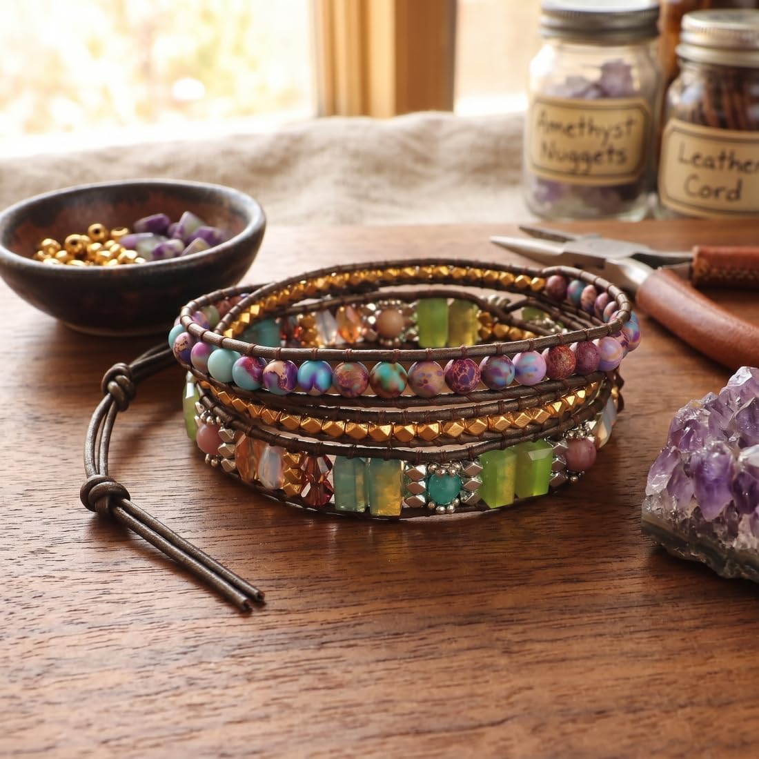YGLINE Boho Handmade Wrap Leather Tube Crystal Stone Bracelet for Women (3 wrap-mix stone)