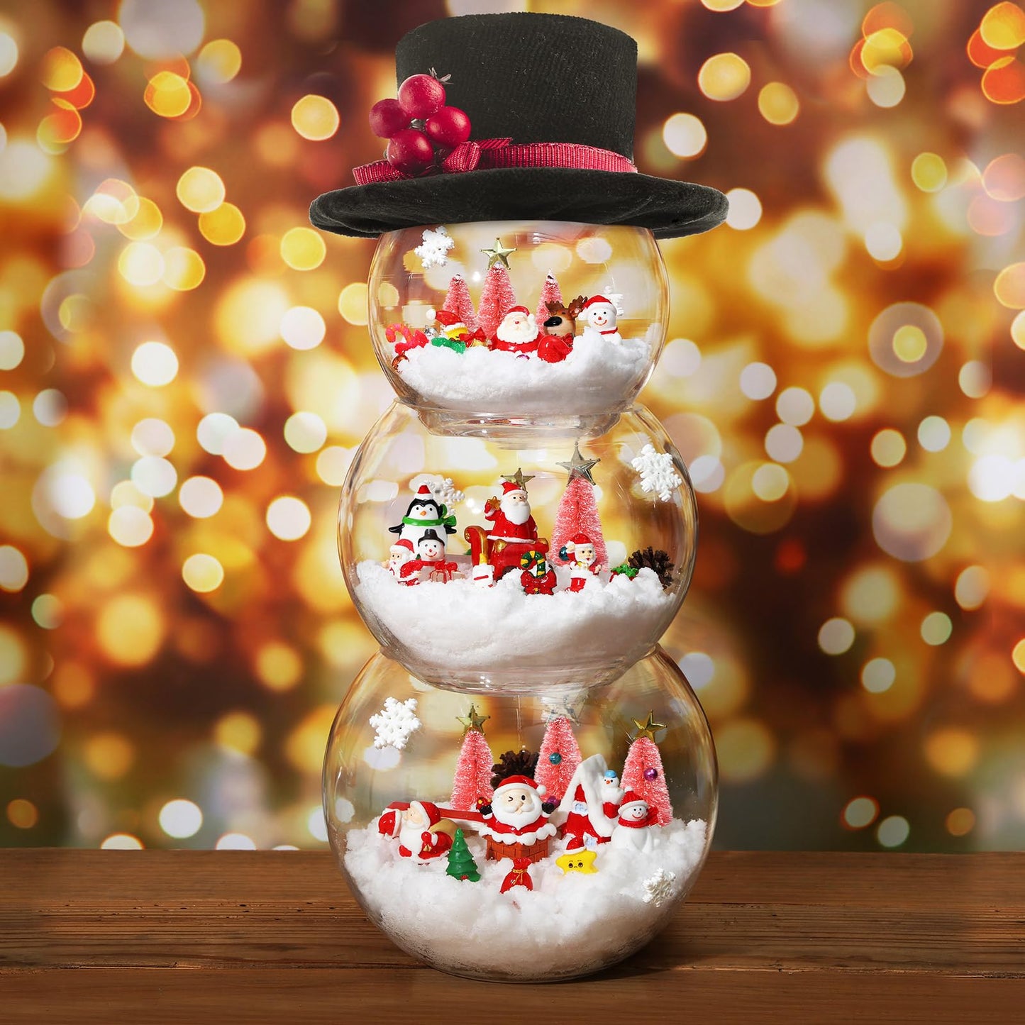 96 Pcs Miniature Ornaments for Snow Globe Kit DIY Christmas Village Decoration Christmas Figurines Mini Ornaments with Snowman Reindeer Santa Claus Snowflake(Pink)