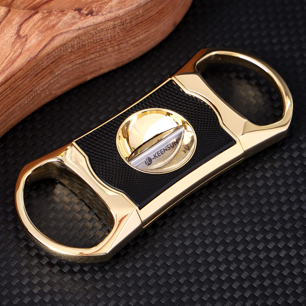 KEENSUN Zinc Alloy V-Cut Cigar Cutter (Gold and Black CNC Engraved Diamond Finish), 60 Ring Gauge, Stainless Steel Cut Blade with Leather Case, Cigar Holder and Gift Box