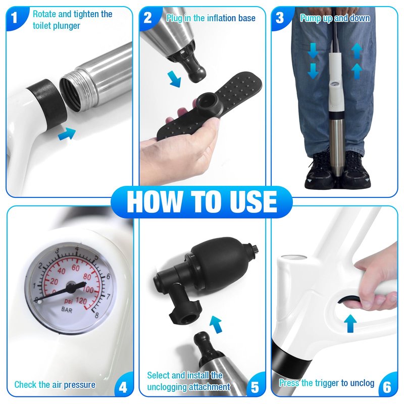 High Pressure Toilet Plunger, Air Drain Blaster Gun with Visual Barometer and Stainless Steel Plungers, Powerful Drain Clog Remover Tool for Sink, Toilet, Floor Drain - Heavy Duty Toilet Plungers