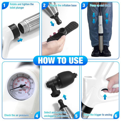 High Pressure Toilet Plunger, Air Drain Blaster Gun with Visual Barometer and Stainless Steel Plungers, Powerful Drain Clog Remover Tool for Sink, Toilet, Floor Drain - Heavy Duty Toilet Plungers