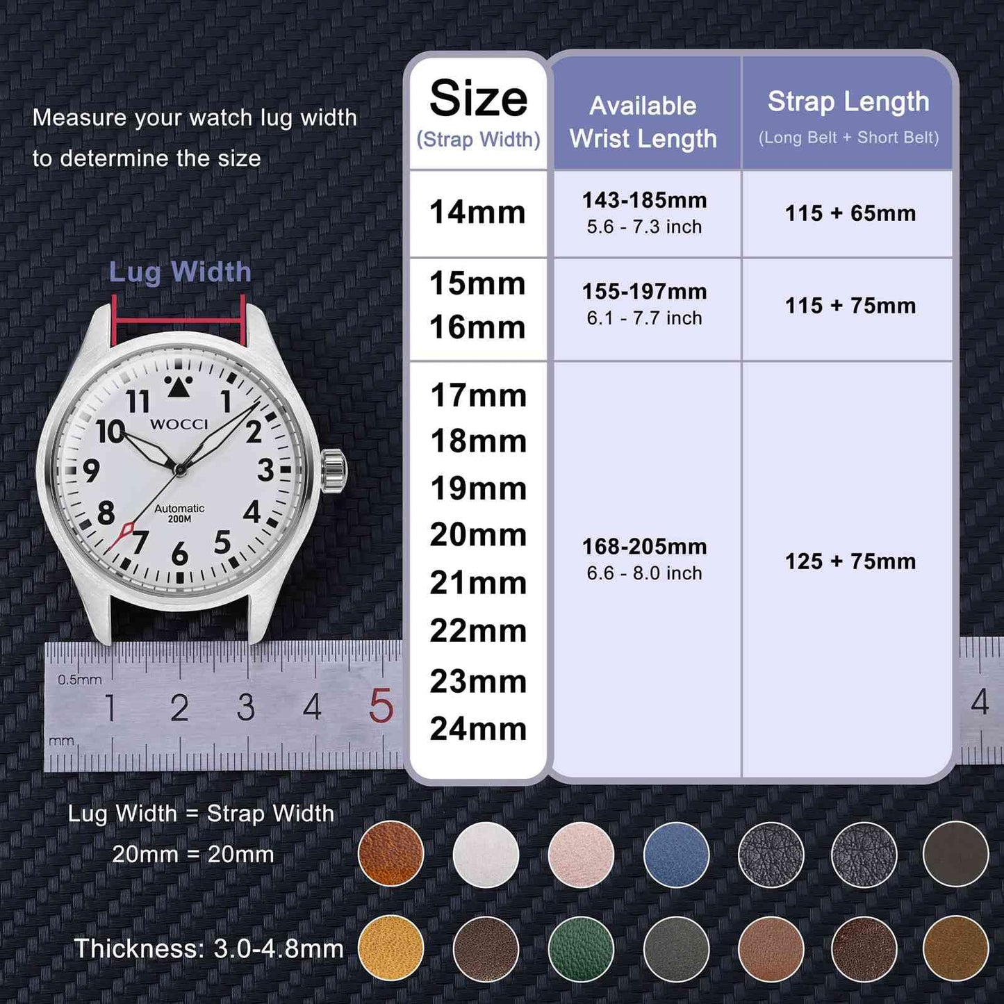 WOCCI 22mm Vintage Leather Watch Band for Men and Women, Silver Buckle (Black)