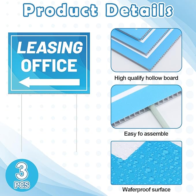 Ripeng 3 Pcs Leasing Double Sided Yard Signs with Arrow 16 x 12 Inch Yard Signs with Stakes for Outdoor Office Retail Store Restaurant Bar Hotel(Leasing Office)