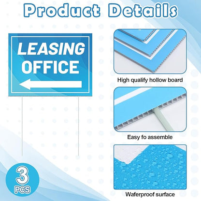 Ripeng 3 Pcs Leasing Double Sided Yard Signs with Arrow 16 x 12 Inch Yard Signs with Stakes for Outdoor Office Retail Store Restaurant Bar Hotel(Leasing Office)