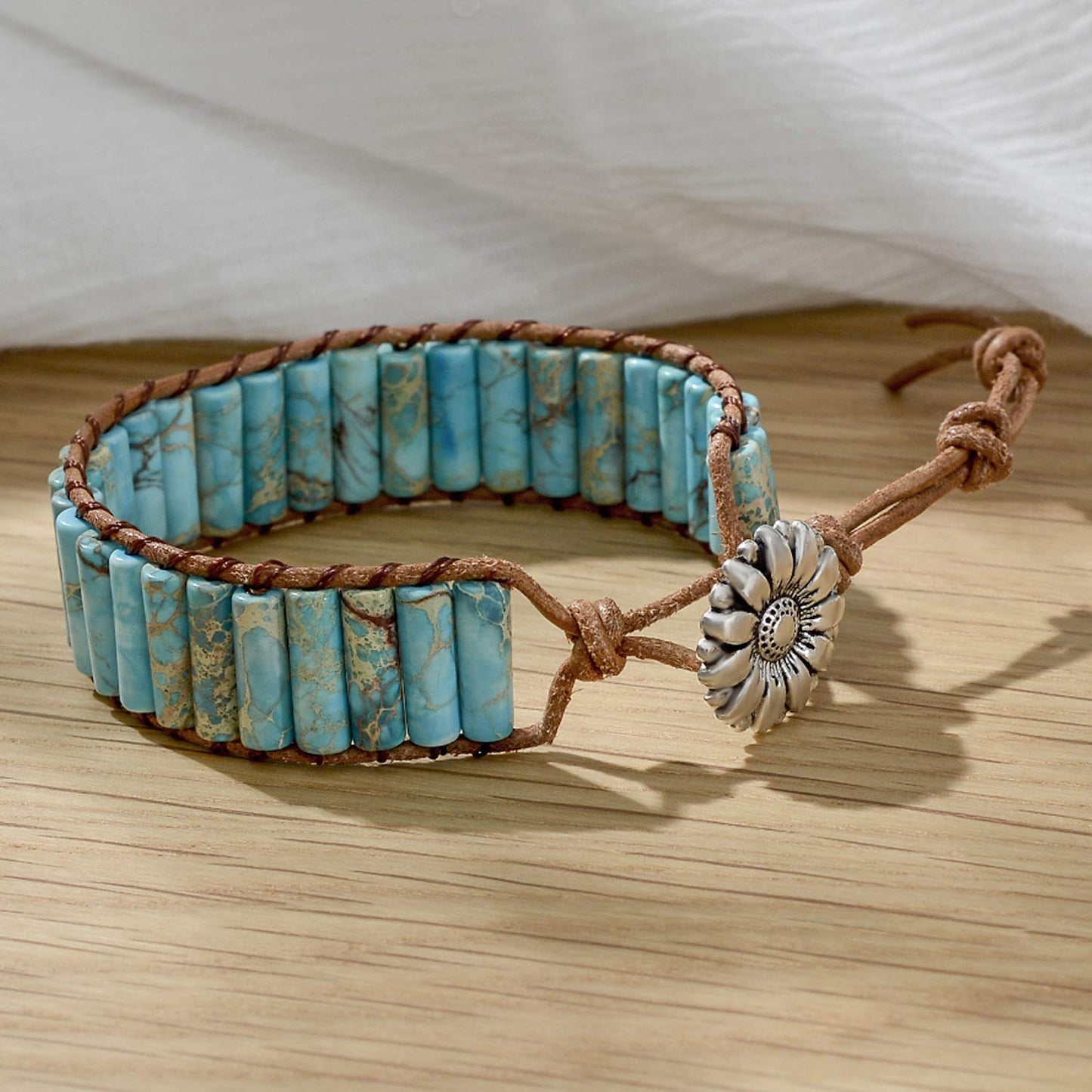 sedmart 7 Chakra Bracelets for Women with Real Stones Leather Wrap Healing Bead Bracelet Women Men Boho Friendship Jewelry… (Flower Button & Turquoise)
