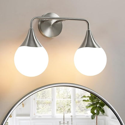 Bathroom Vanity Light Fixtures: Brushed Nickel 2-Light Mid Century Farmhouse Bathroom Lighting Fixtures Over Mirror - Wall Sconce with Frosted Globe Glass for Hallway Restroom