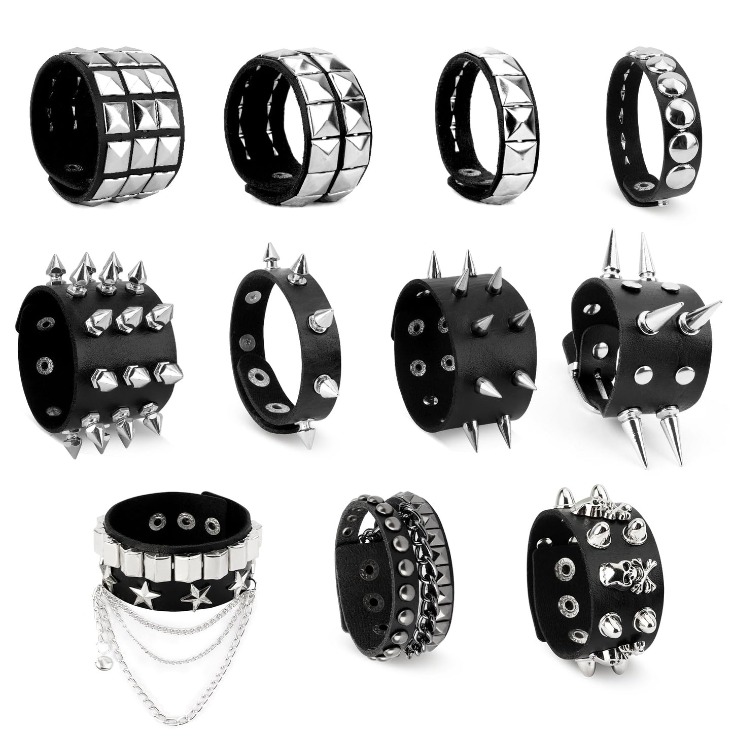 DTUIEUI Punk Set 11pcs Black Leather Cuff Bracelet, Studded, Spiked, Emo, Goth, Spike, Studded Arm Band, 80s Punk Gothic Rocker Halloween Costume Accessories