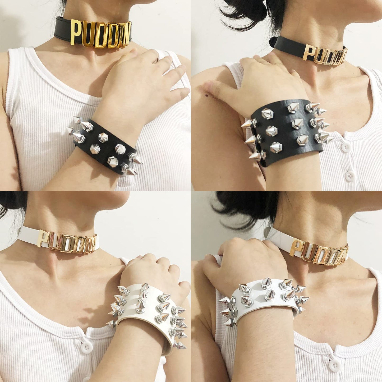 Ymimanchil Puddin Choker Bracelet Set Punk Leather Bracelet Letter Collar Cosplay Accessory for Women Halloween Party Costume