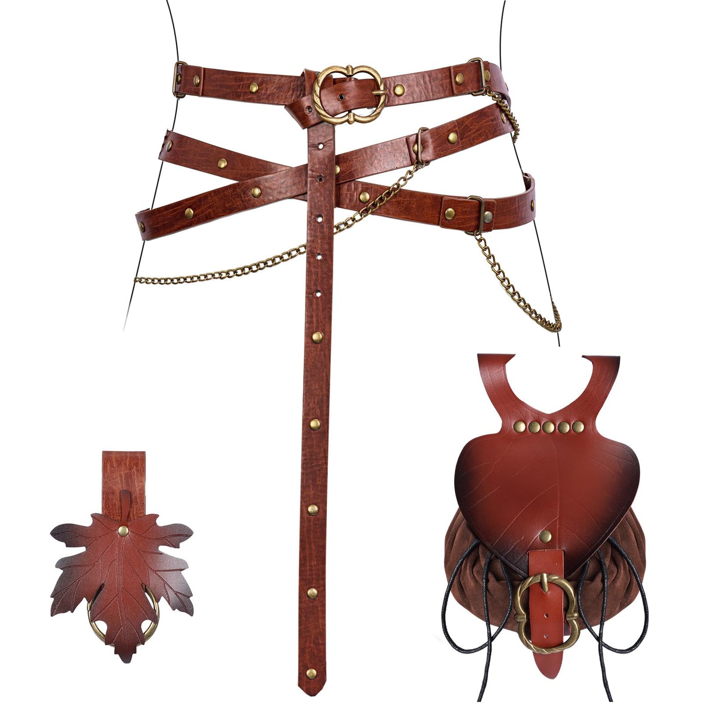 Minhuida 3PCS Medieva Adjustable Faux Leather Metal Chain Belt Set DIY, With leaf purse and skirt hike Clips, For Ren Faire & cosplay (Brown -A)