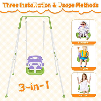 3-in-1 Toddler Swing, Foldable Indoor & Outdoor Baby Swing, Multifunctional Swings for Children 6 Months and Older, Easy to Assemble and Store for Backyard Play (Purple)