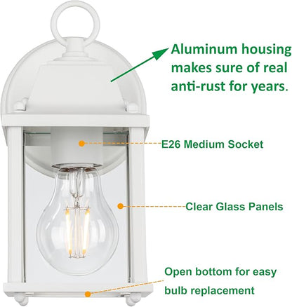 LIT-PaTH Outdoor Wall Lantern, Wall Sconce as Porch Lighting Fixture, E26 Base, Aluminum Housing Plus Glass, Water-Proof and Outdoor Rated, ETL Qualified, 2-Pack, White