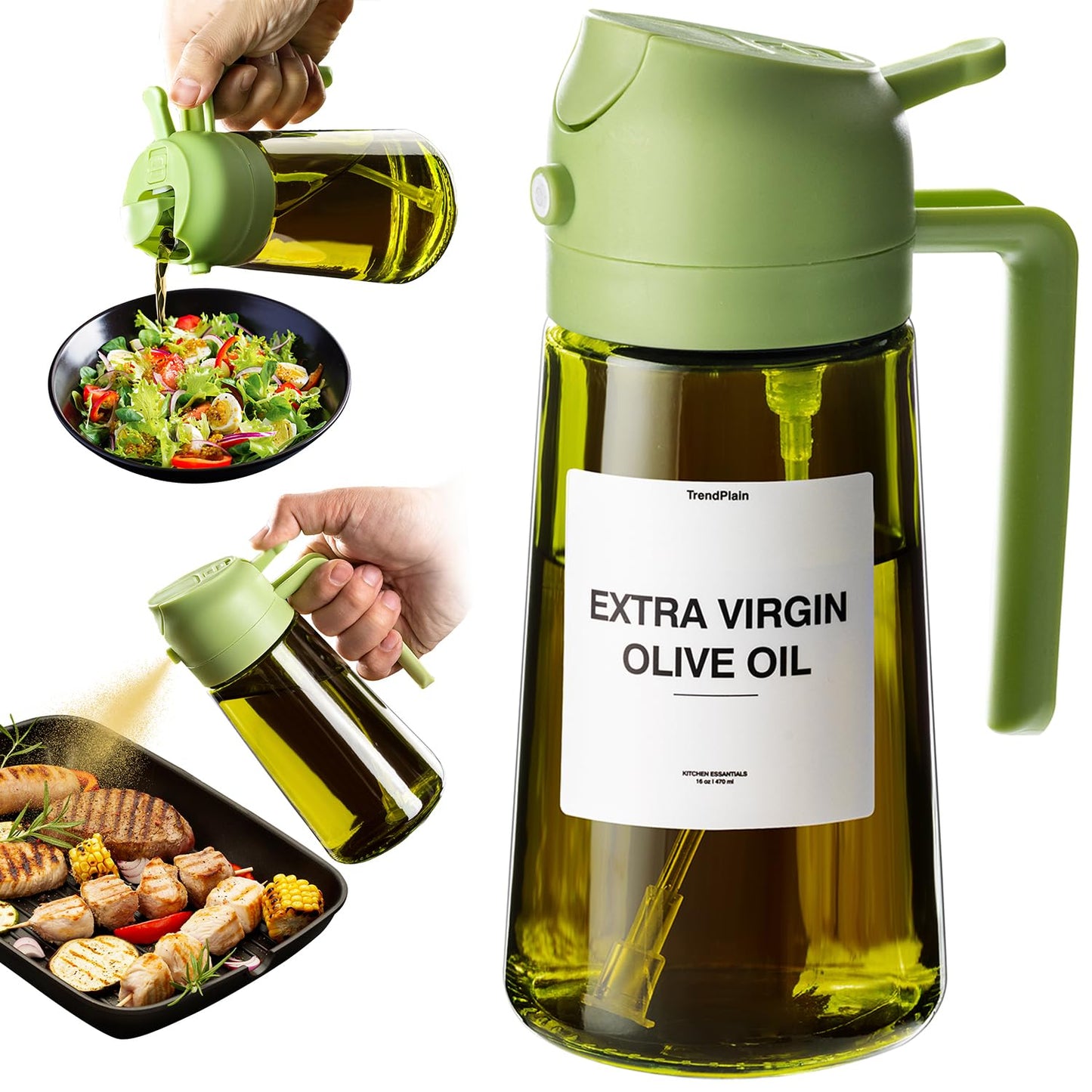 TrendPlain - Original 16oz/470ml Olive Oil Dispenser Bottle for Kitchen Gadgets and Air Fryer Accessories - Olive Oil Sprayer for Cooking w/Stickers - Black&Green