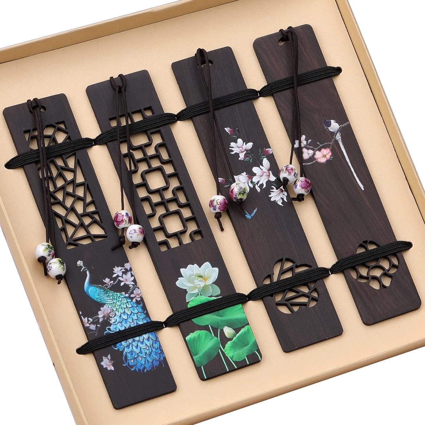 ZIZZON Wooden Bookmark for Men Women, Handmade Natural Wood Carving, Hollow Out and Painted Craft, Ideal Gifts for Men Women Friends Girls Teachers, Birthday Present (Peacock and Lotus)