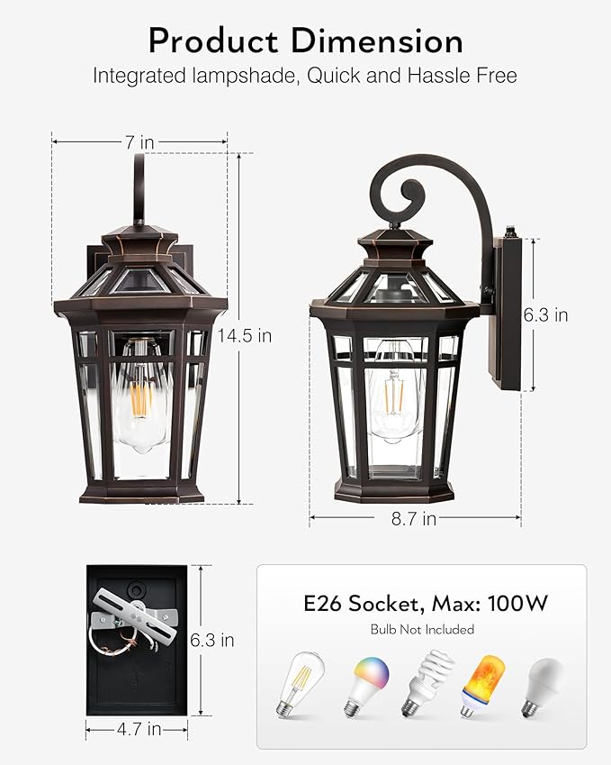 Outdoor Wall Lights Wall Mount, Exterior Lighting Fixtures Dusk to Dawn, Oil Rubbed Bronze Front Porch Lights, Outdoor Wall Lantern with Tempered Glass, Anti-Rust Garage Sconce Lights, Patio