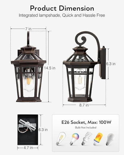 Outdoor Wall Lights Wall Mount, Exterior Lighting Fixtures Dusk to Dawn, Oil Rubbed Bronze Front Porch Lights, Outdoor Wall Lantern with Tempered Glass, Anti-Rust Garage Sconce Lights, Patio