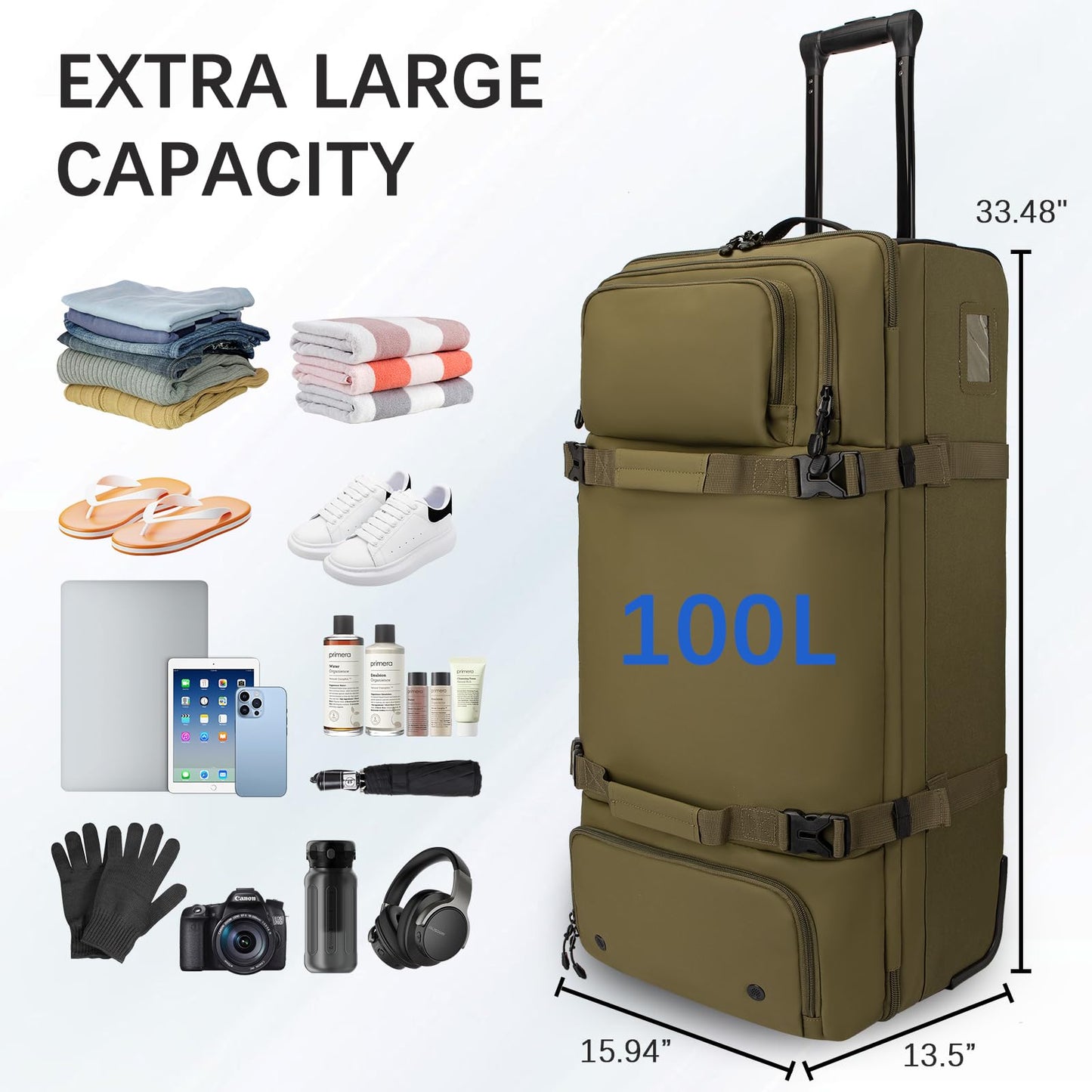 LARIPOP 33 Inch 100L Extra Large Rolling Duffle Bag with Wheels, Wet Pocket & Shoe Compartment, Heavy Duty Water Resistant Wheeled Duffel for Moving Travel Camping