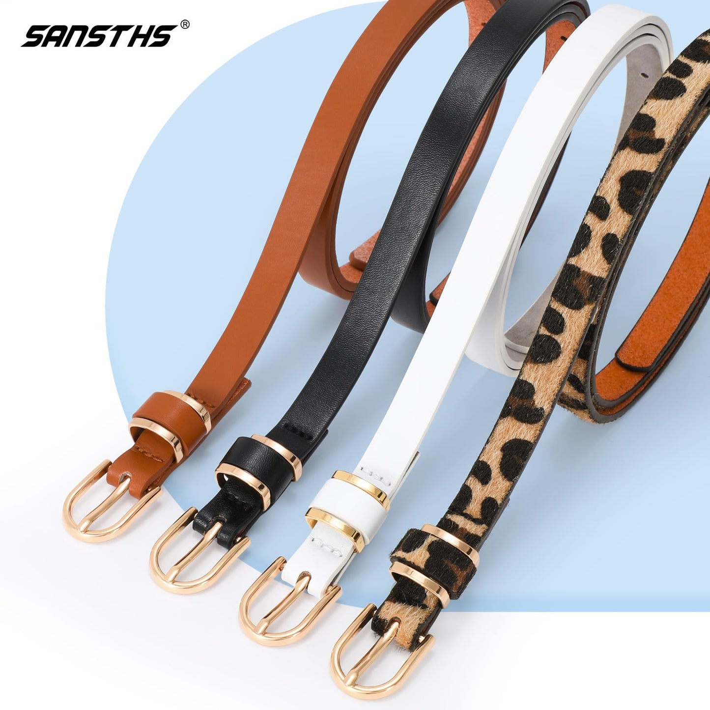SANSTHS 4 Pack Women Thin Belts for Jeans Dresses Coats Skinny Women Belt with Gold Alloy Buckle, Black+Brown+White+Leopard M