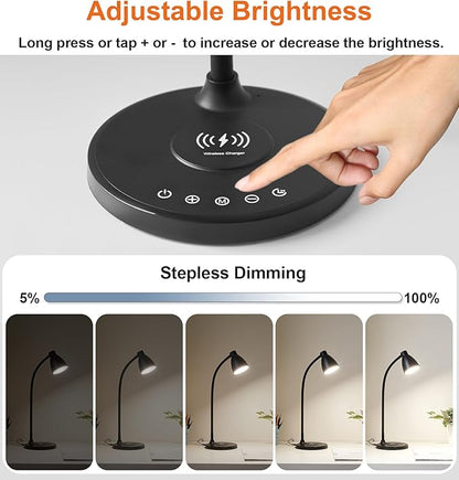 BOHON Desk Lamp for Home Office, LED Desk Light with USB C+A Charging Ports, Wireless Charger, 5 Colors Stepless Dimming Reading Light Timer, Touch Bedside Table Lamp for College Dorm Room Black