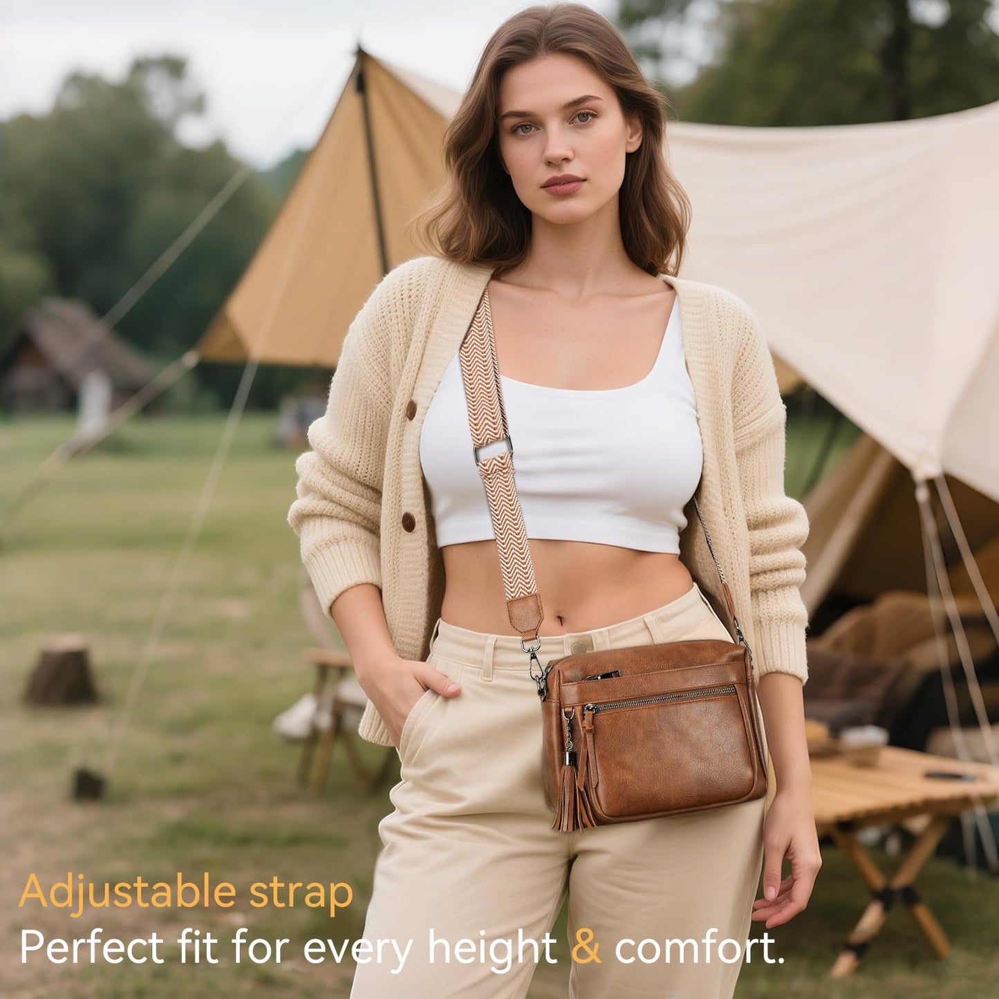 MEITRUE Crossbody Bags for Women, Vegan Leather Crossbody Cell Phone Purse Trendy Multi Pockets Shoulder Handbags with Tassel and Adjustable Strap Brown