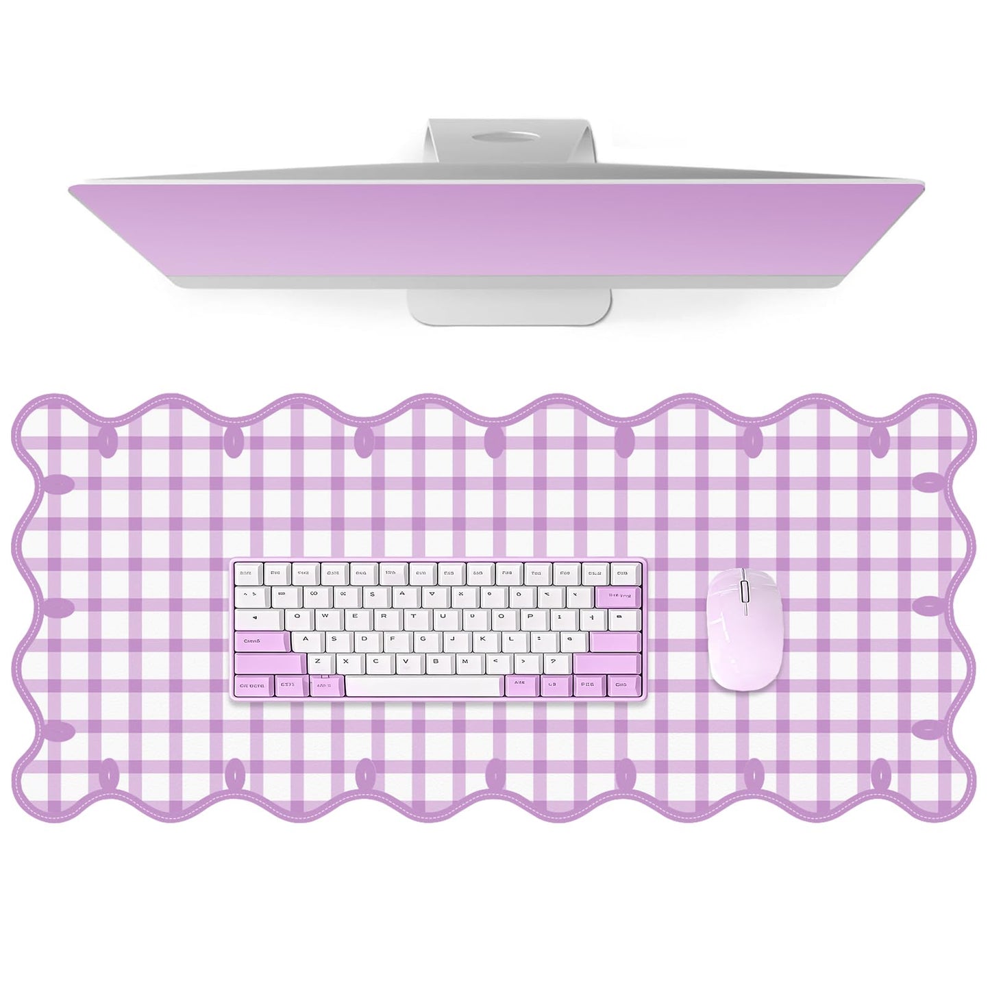 Leather Desk Pad, Desk Mat Mouse Pad, Non-Slip Mousepad Waterproof PU Table Cover Blotter for Computer Laptop Extra Large Keyboard Mat for Women Girl Office Home Dorm,Pink Scalloped Checkered