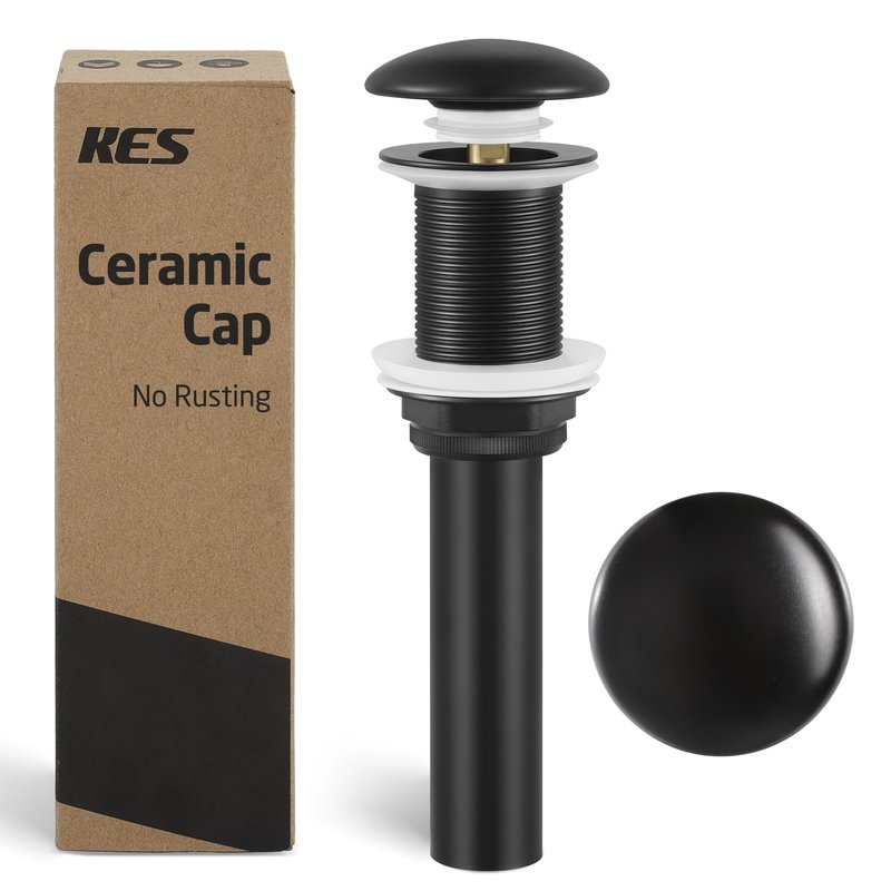 KES Solid Ceramic Cap Bathroom Sink Drain Without Overflow, Pop Up Drain for Bathroom Sink, Ceramic Bathroom Sink Stopper, All-Metal Body Matte Black, S2008D-CB