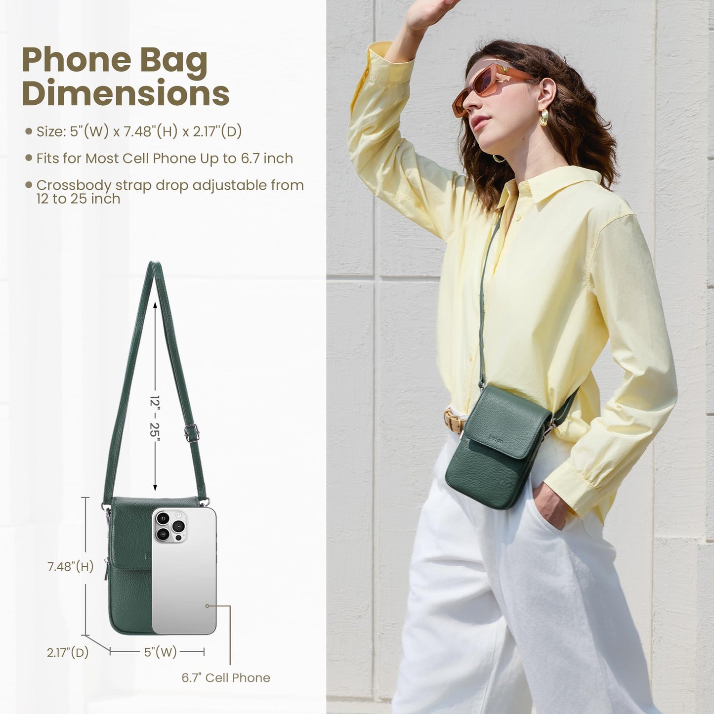 befen Soft Real Leather Small Crossbody Bags for Women, Woman Cell Phone Leather Purses Bag with RFID Blocking Card Slots Green
