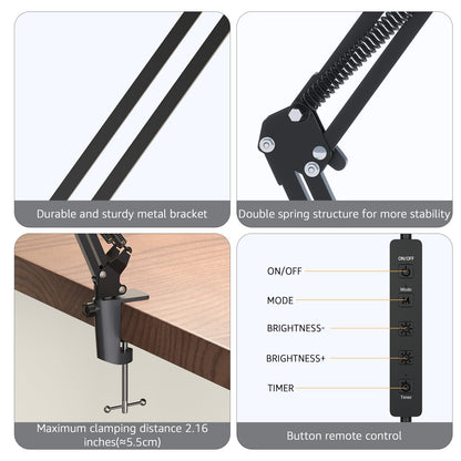 Upgrade Swing Arm LED Desk Lamp with Clamp, 80 LED Beads, 5 Color Modes & 11 Brightness Levels, 360° Adjustable Arm, Eye-Caring Light CRI95, Timer & Memory Function, for Office, Study, Crafting