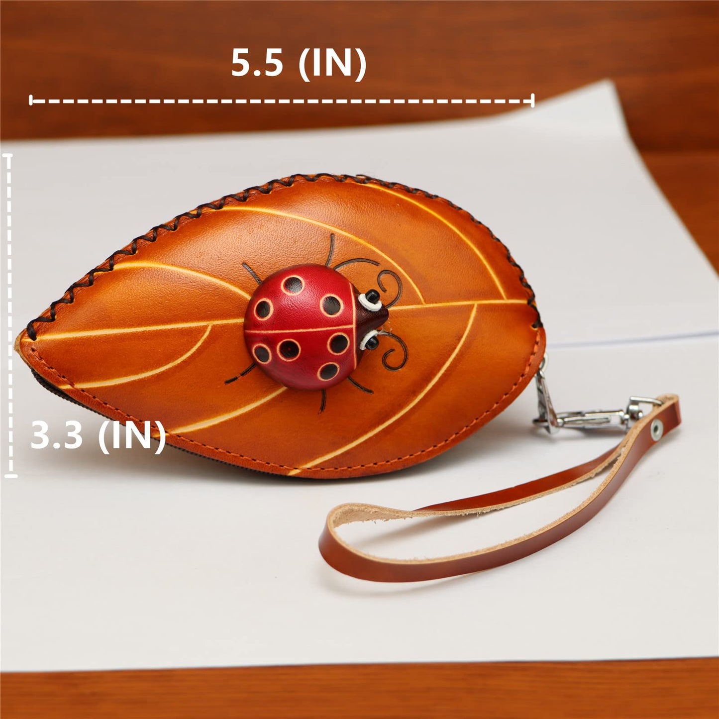 Fanyixuan Ladies Leaf Ladybug Leather Coin Purse Can Put Coin Clutch Bag Handmade Leather Creative Key Case (Yellow)
