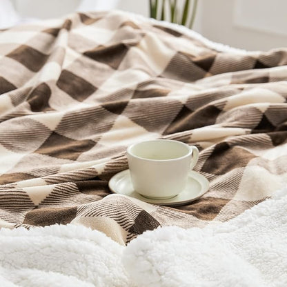 Touchat Sherpa Buffalo Plaid Christmas Twin Blanket 60" X 70", Fuzzy Fluffy Soft Cozy Throw Blanket, Fleece Flannel Plush Microfiber Blanket for Couch Bed Sofa(Brown)