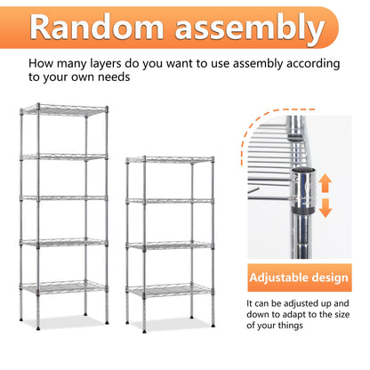 BestOffice | 5-Tier Wire Storage Shelves | 17x12x48 | Chrome | with Adjustable Racks | Heavy-Duty Metal Shelf, Holds Upto 750 lbs | No-Tool Assembly | Ideal for Home & Garage Shelving