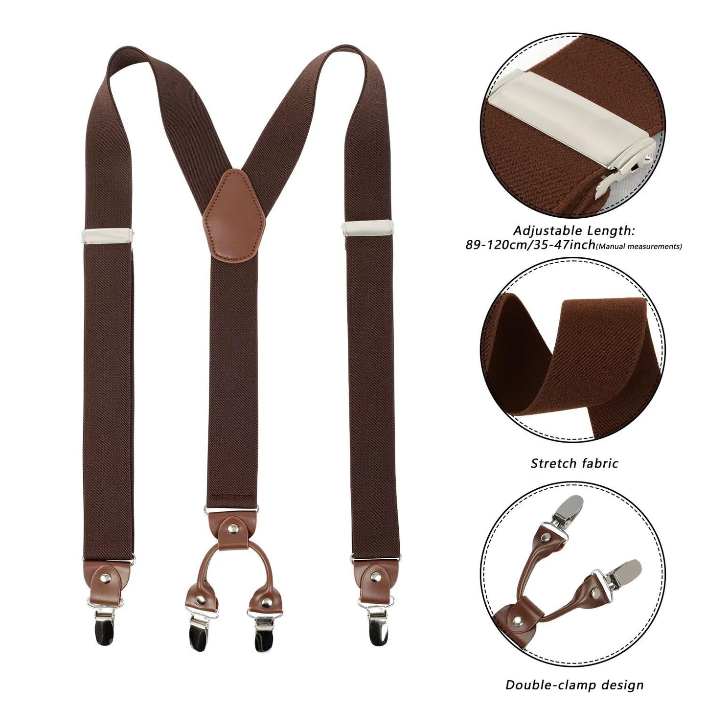 PAPA LEGGENDA Brown Suspenders for Men Heavy Duty Adjustable Elastic Shoulder Straps with 4 Super Strong Metal Clips Perfect for Comfort and Style Mens Suspenders