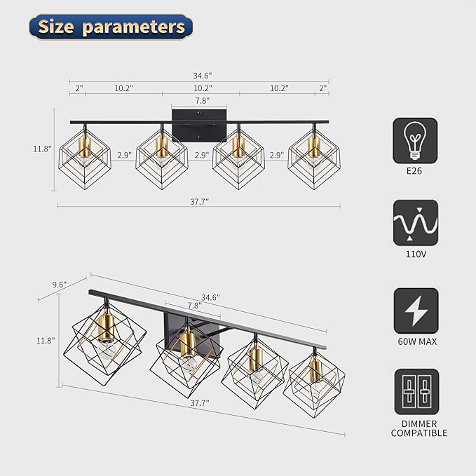 4 Light Vanity Light for Bathroom,Bathroom Light Fixtures Over Mirror with Rotatable 4 Cube Shades, Modern Wall Mounted Lights Matte Black,Industrial Black Vanity Light for Hallway Living Room