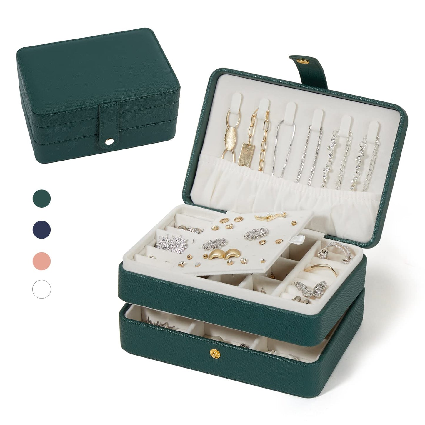 BUTI4WLD Travel Jewelry Case, Portable Jewelry Organizer Box with 3 Layers PU Leather Storage for Earrings, Necklaces, Rings, Bracelets, Compact Jewelry Gift for Women, Christmas Gifts (Green+Small)