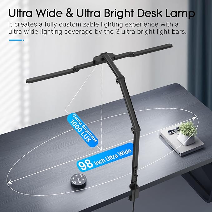 Syrinx LED Desk Lamp, Architect Desk Lamps for Home Office with Gesture Switch & Remote Control, 24W Bright Desk Light with 50 Light Modes Eye-Caring Desk Lamp with Clamp for Reading Study Workbench