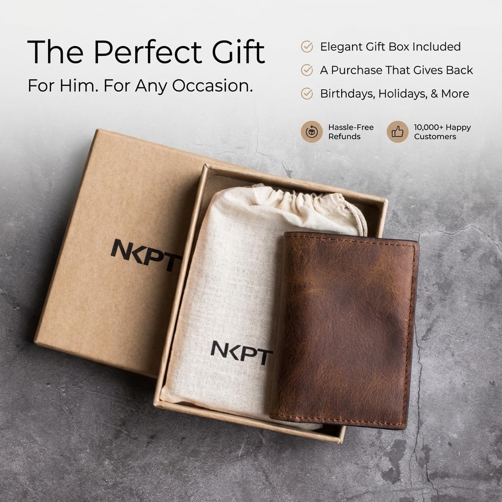 NKPT Slim Leather Credit Card Holder Wallet for Men | Full-Grain Leather, RFID Blocking, 6 Card Slots | Brown and Tan