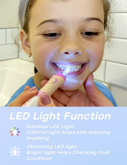 SEAGO Kids Electric Toothbrush with 2 Mins Brushing Timer and 8 Replacement Bursh Heads,Rainbow LED Light Make Brushing Fun, Pink Color Girls Battery Powerd Toothbrush for 4-12 Years Old