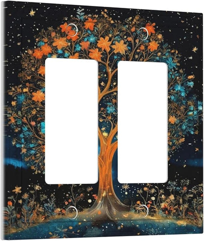 Magical Life Tree in Night Sky Dual Outlet Covers Wall Plate 2 Gang Rocker Decora Decorative Switchplate Electrical Faceplate GFCI Light Switch Covers for Farmhouse Living Decor