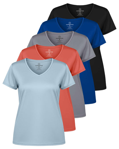 Real Essentials 5 Pack: Women's Dry-Fit Short Sleeve V Neck T Shirt Workout Fitness Yoga Top Tee, Set 10, XL