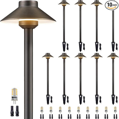 Gardenreet Brass Landscape Path Lights - 12V Low Voltage Pathway Light IP65 Waterproof, Outdoor Walkway Lighting Wired, Hat Bronze for Patio Lawn with 3W 4000K Neutral White G4 Bulb (10 Pack)